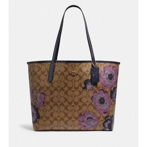 COACH City Tote In Signature Canvas With Kaffe Fassett Print Khaki Purple NWOT